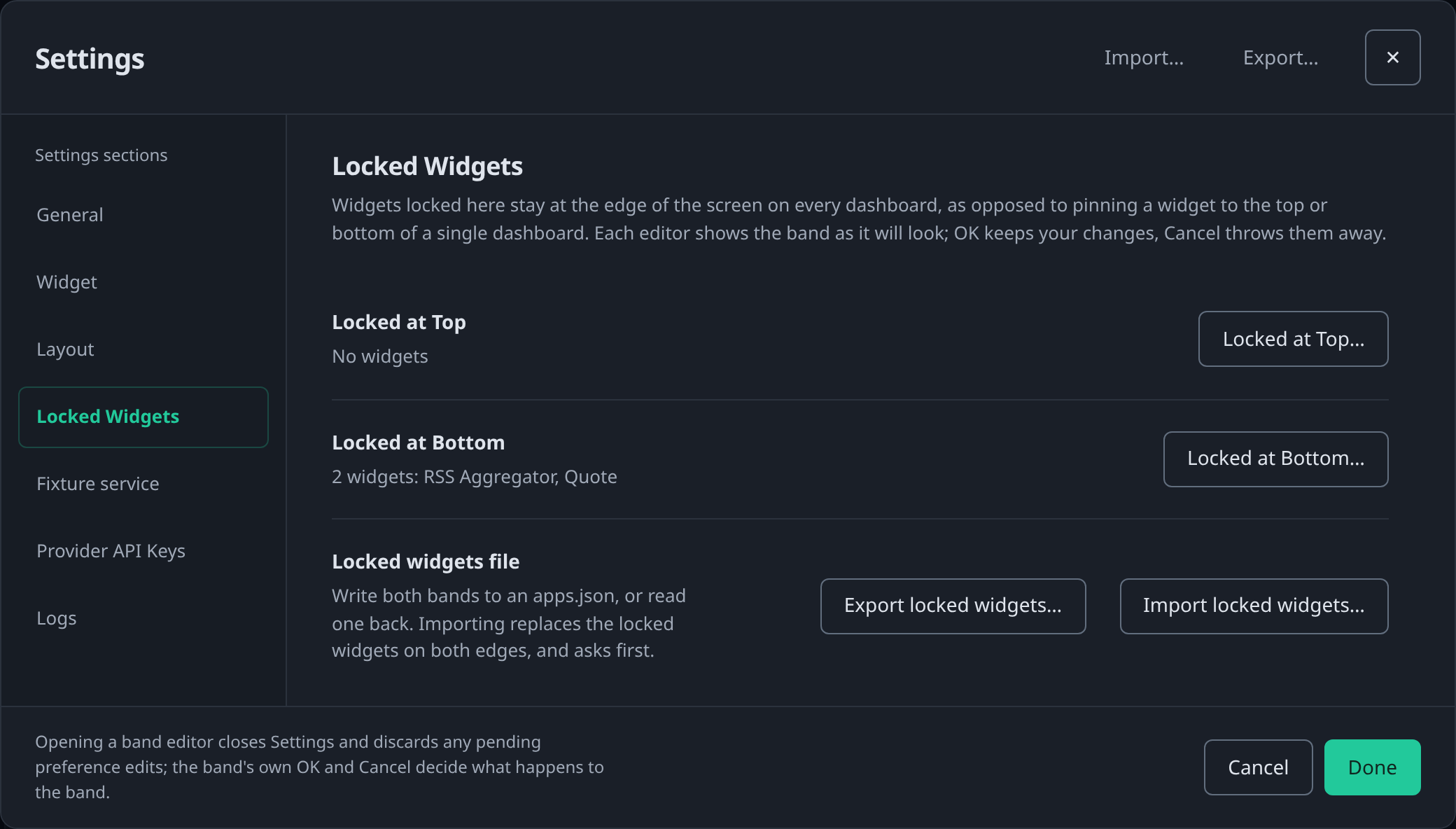 Settings, Locked Widgets section