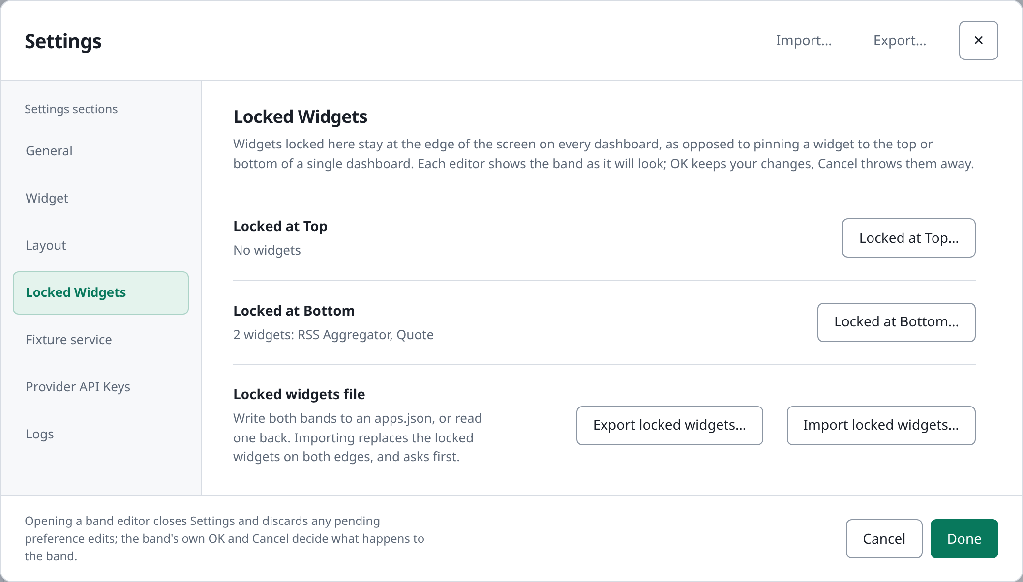 Settings, Locked Widgets section, light theme