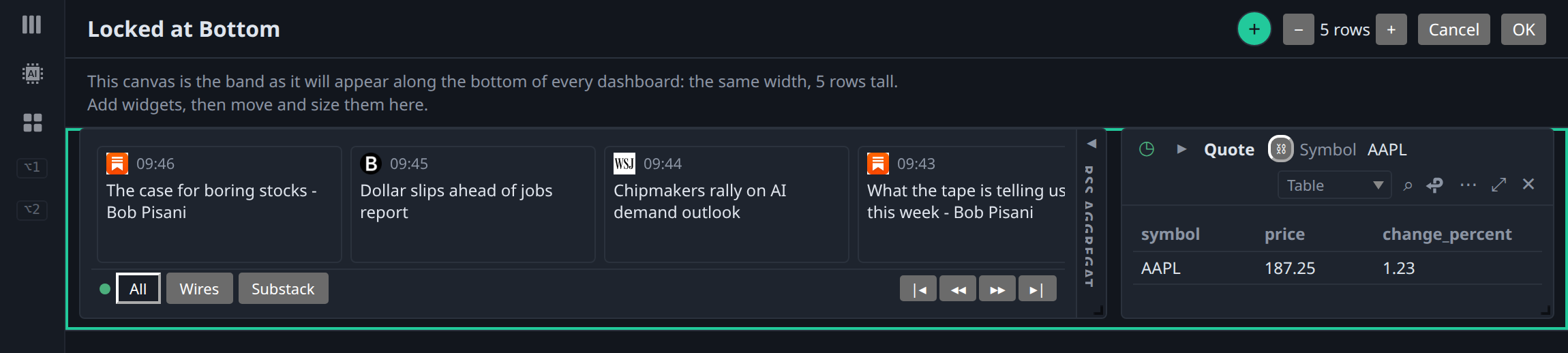 The Locked at Bottom editor with a two-widget layout