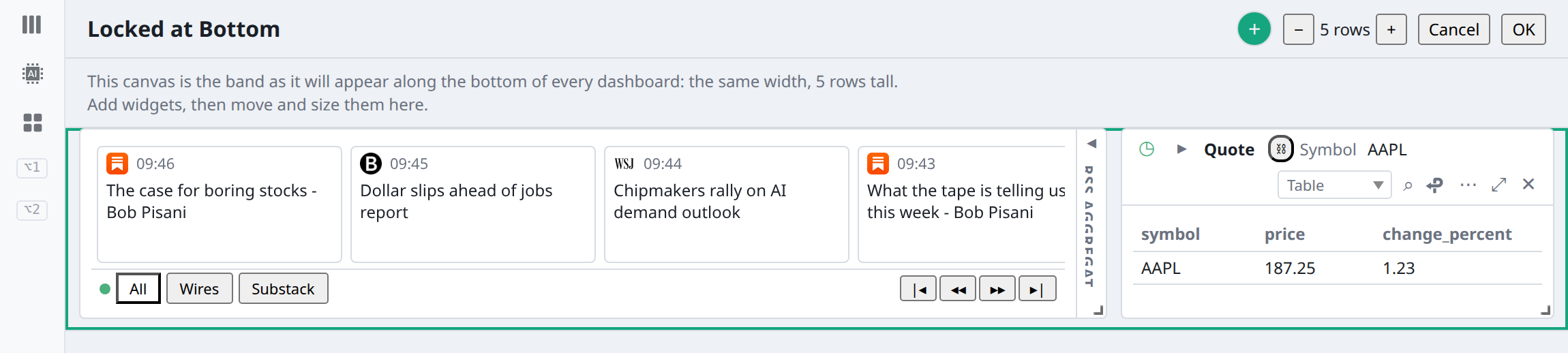 The Locked at Bottom editor with a two-widget layout, light theme