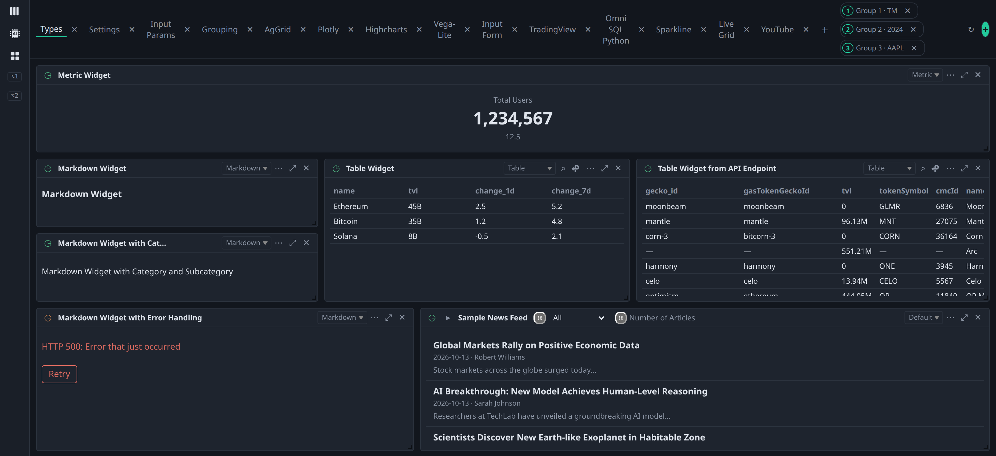 BDOBB showing OpenBB's Onboarding App for Devs from the reference backend: 14 tabs, three parameter groups, and the Types tab with metric, markdown, table, error-handling and news feed widgets