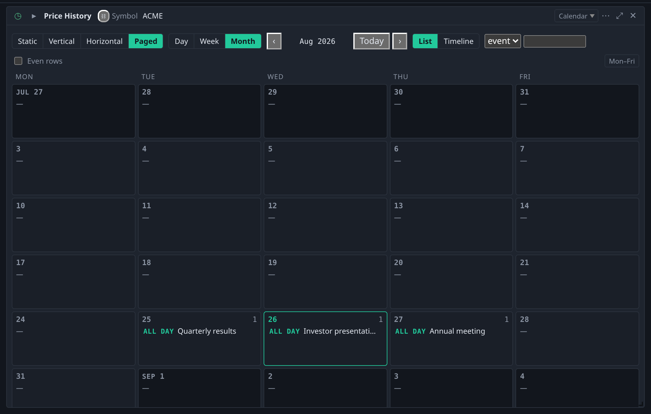 BDOBB Calendar view of a dated table