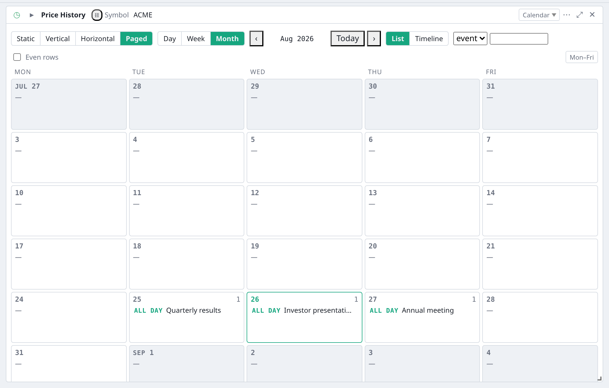 BDOBB Calendar view, light theme