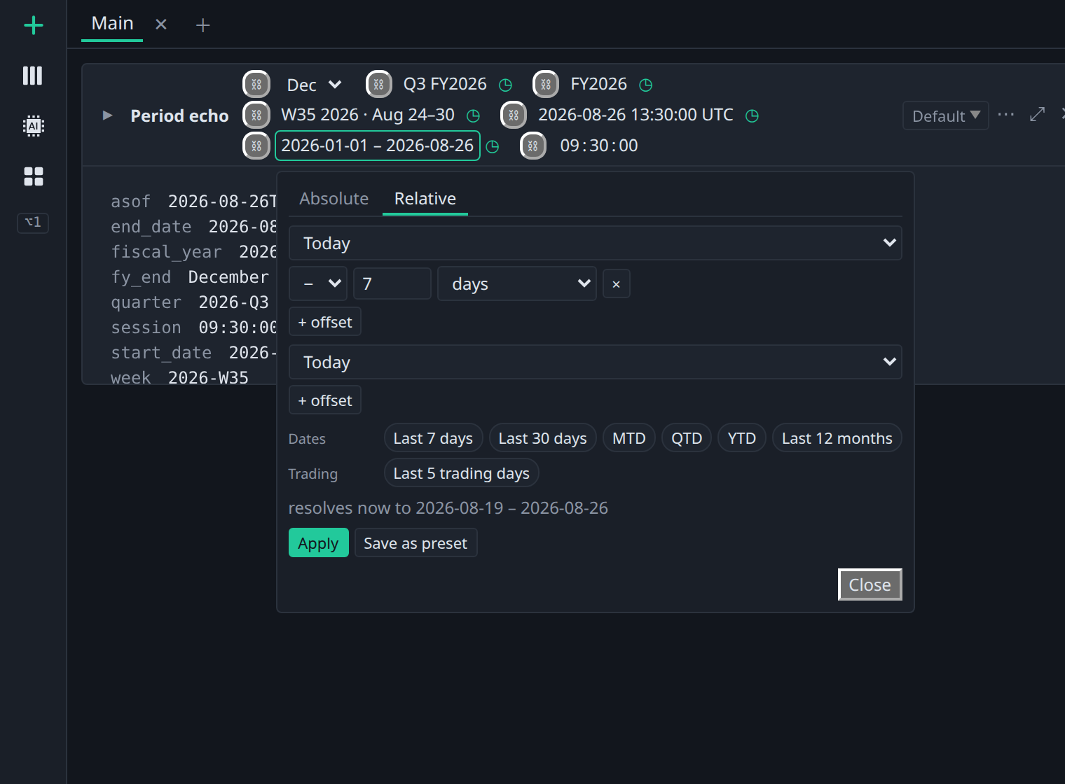 BDOBB period control open on its Relative tab, with presets including Last 5 trading days
