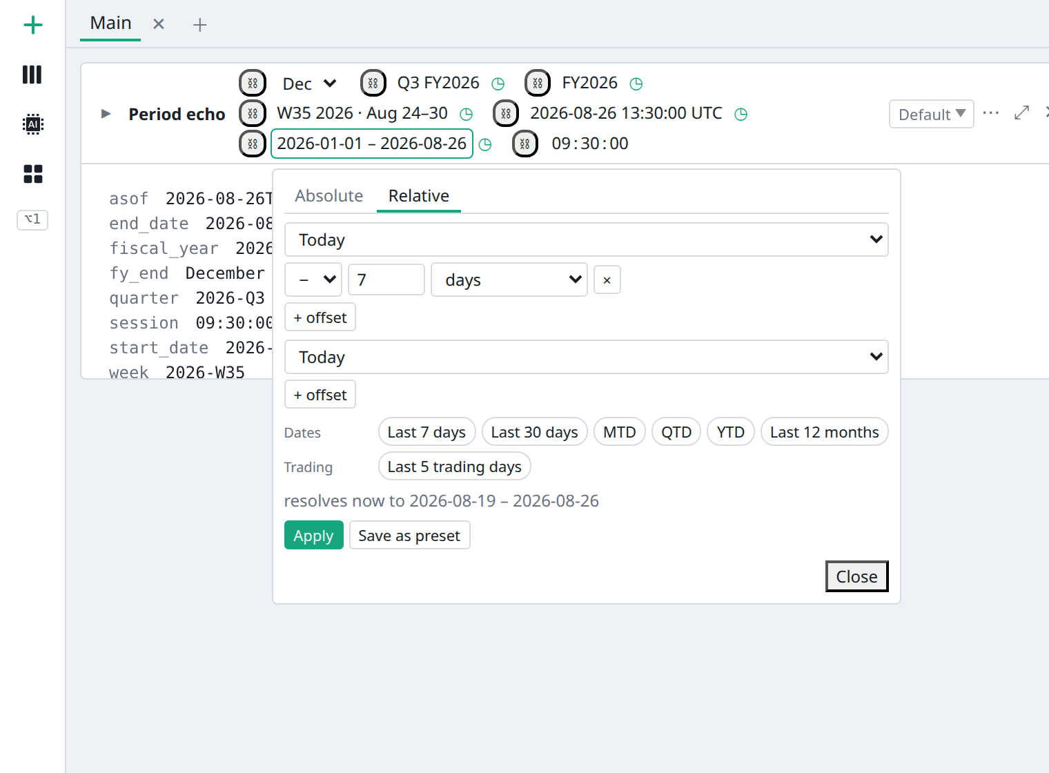 BDOBB period control open on its Relative tab, light theme