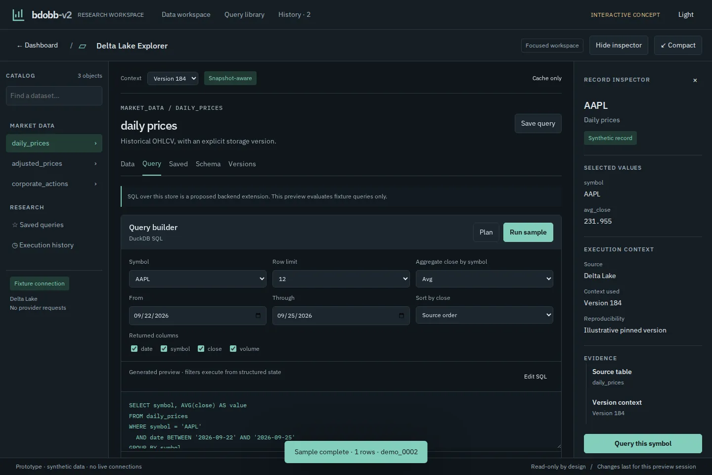 Delta Lake explorer for daily prices pinned to version 184