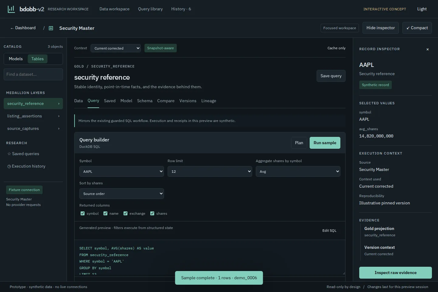 Security Master query builder with generated DuckDB SQL, a record inspector and execution context showing the source, context used and reproducibility
