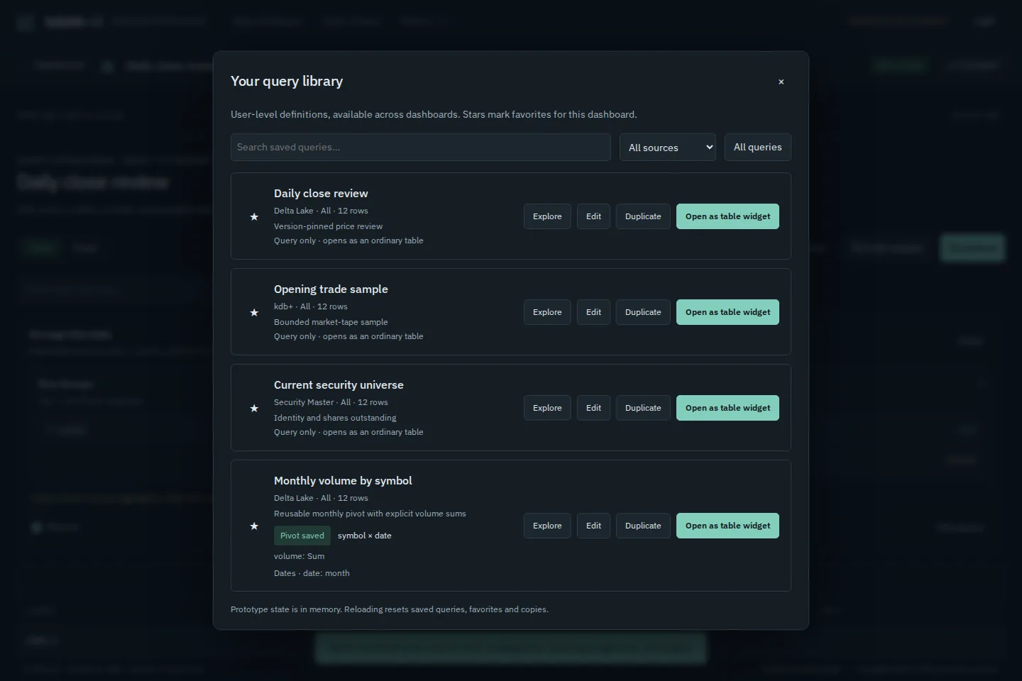 Query library dialog listing saved queries across sources